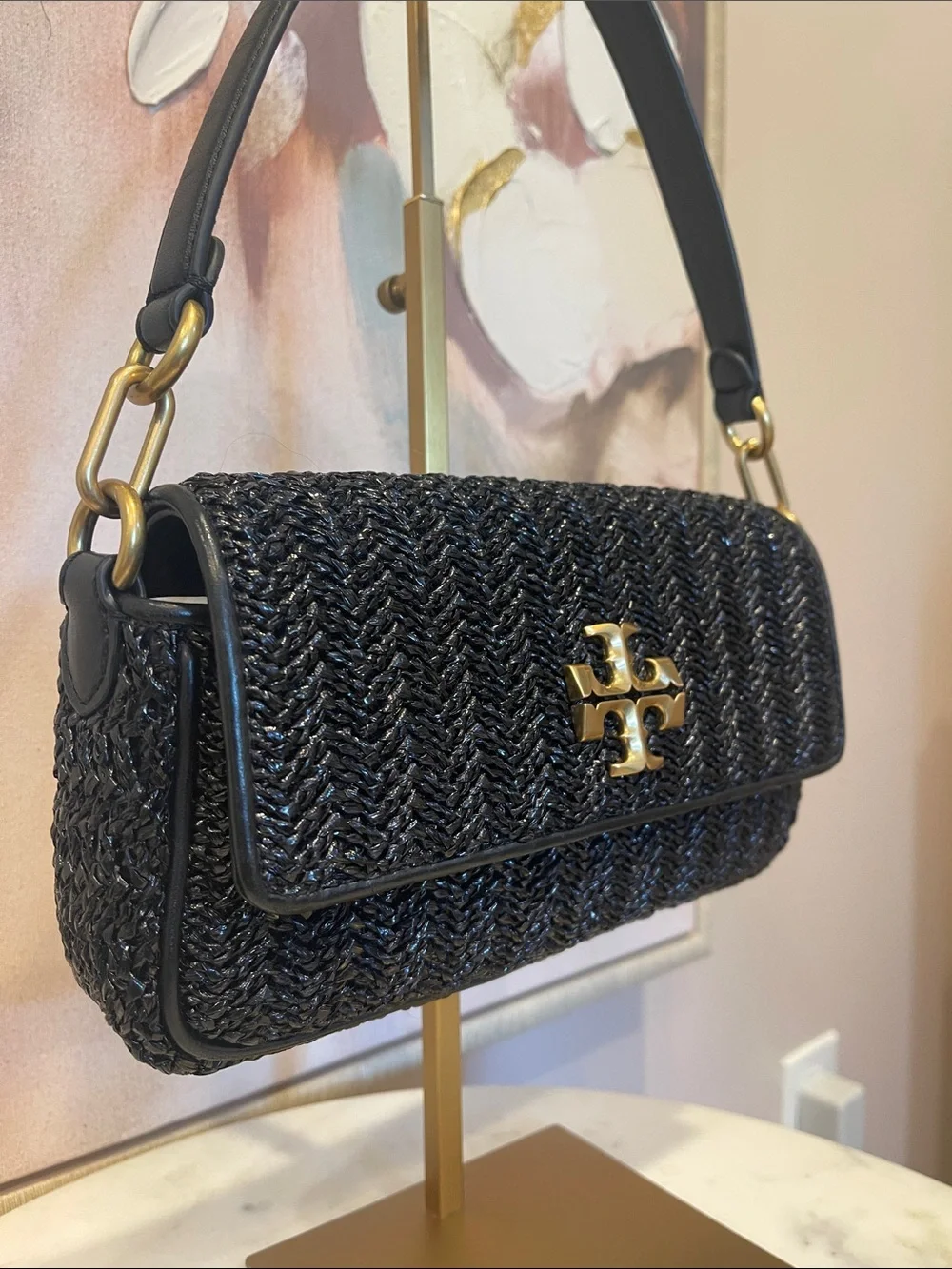 NWOT Tory Burch Small Kira Chevron Lacquered Raffia Shoulder Bag